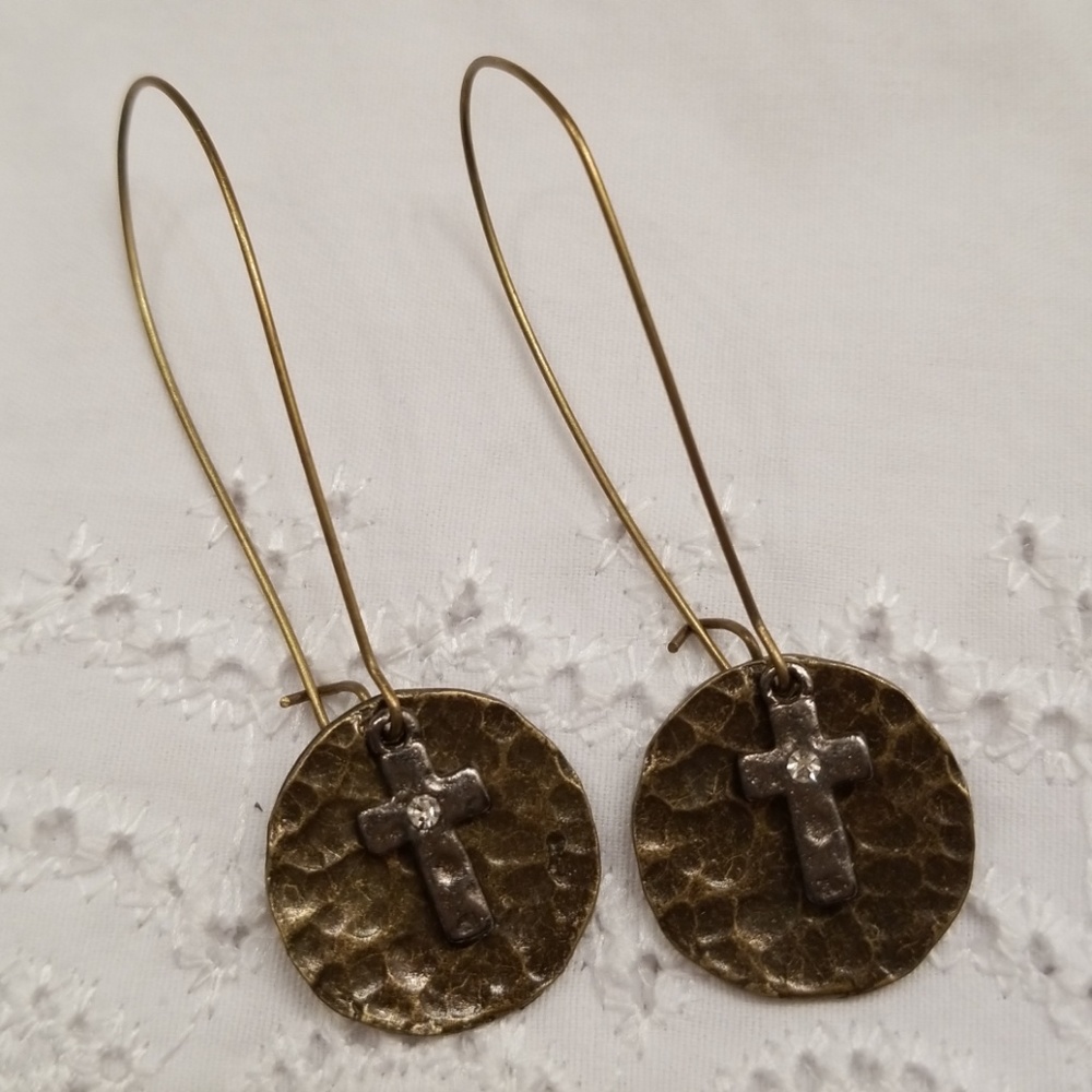 Cross earrings with disk hammered bronze tone - Picture 2 of 8